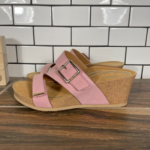 Aetrex Kimmy Womens 7 Shoes Pink Leather Arch Support Wedge Strappy Slide Sandal - Picture 1 of 13